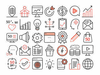 Marketing and advertising line icon set. 50 editable stroke vector graphic elements, Essential brand presence toolkit