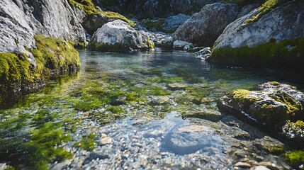 14. A clear mountain stream meandering through a rocky gorge with vibrant green moss and crystal-clear water