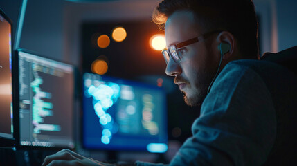 Software developer coding with complex algorithms on screen.