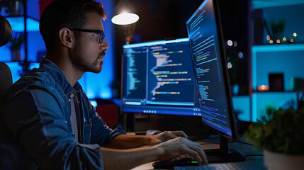 Software developer coding with complex algorithms on screen.