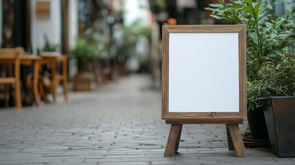 A rustic wooden signboard with an empty white space for text, placed on an easel, stands on a cobblestone street. It symbolizes a blank canvas, opportunity, new beginnings