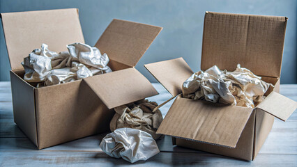 Two open cardboard boxes are situated on a wooden surface, filled with crumpled wrapping paper. The lighting enhances the texture of the packaging materials