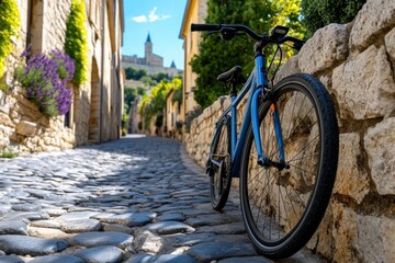 Fototapeta premium A bicycle leaning against the stone wall of a narrow alley in Avignon, the lavender fields visible in the distance