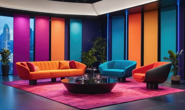 A modern living room with colorful walls and furniture, perfect for a stylish talk show or interview