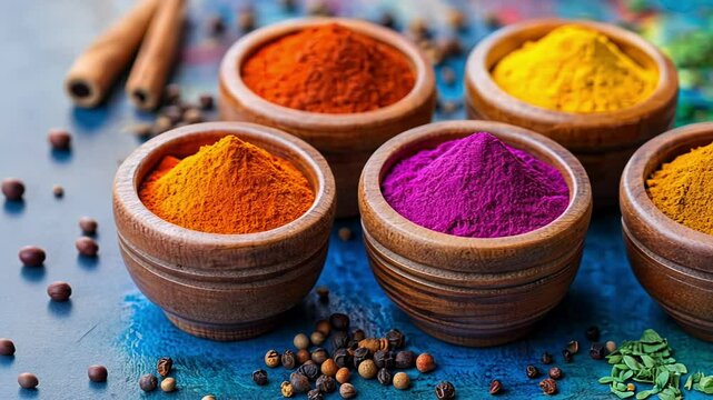 Explore the rich colors and aromas of various spices on display in small bowls at a lively market in Jaipur, capturing the essence of local culture and culinary tradition.