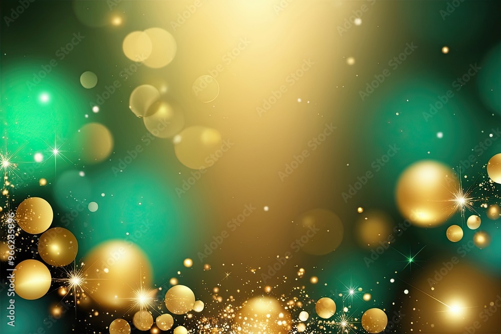 Poster elegant gold bokeh background with emerald green blur and sparkling light effects
