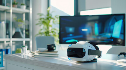 Virtual reality headset on a modern, tech-filled desk.