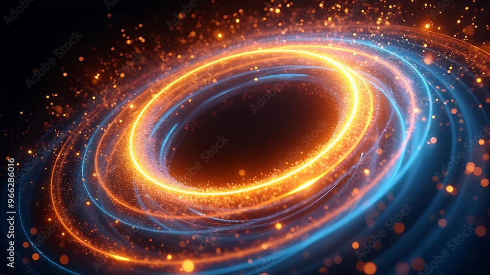 Poster dynamic abstract background featuring a swirling neon light ring with glittering sparks and flares i