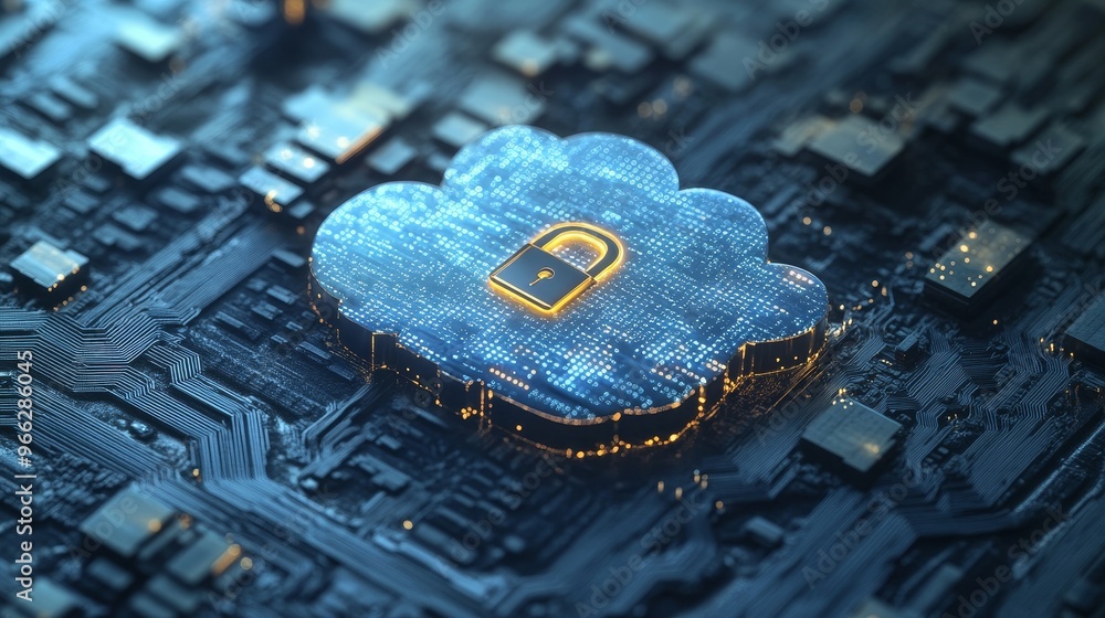 Poster a secure cloud computing concept represented by a padlock inside a glowing blue cloud, symbolizing d