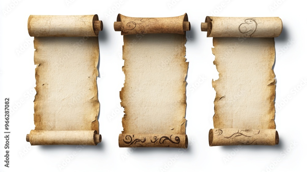 Aufkleber a set of three vintage parchment scrolls, each with a blank space for text or imagery. the scrolls a