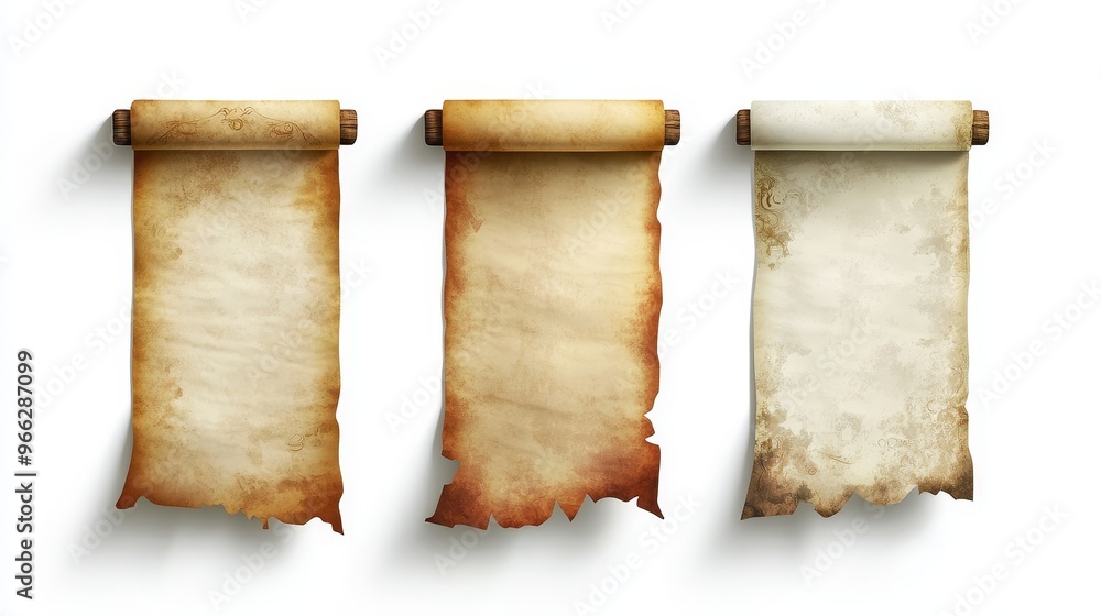 Poster a set of three vintage parchment scrolls, perfect for adding a touch of history and authenticity to 