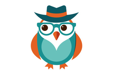 A cool vintage style owl with sun glasses and hat on the white background, vector art illustration 