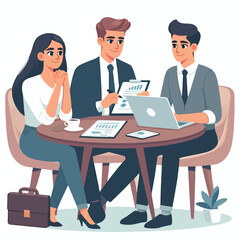 Partners meeting for business discussion with documents and laptop on desk. Couple at round table, speaking, discussing work, partnership. Flat vector illustration isolated on white background