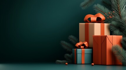 Presents are beautifully wrapped and stacked beneath branches, creating a festive atmosphere