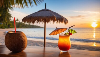 Tropical Cocktail Drink with Coconut and Palm Tree on the Beach at Sunset