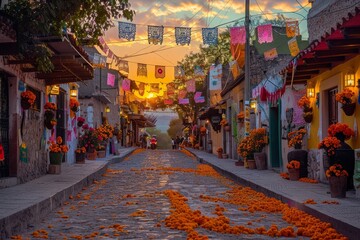Fototapeta premium Vibrant mexican street at sunset with papel picado