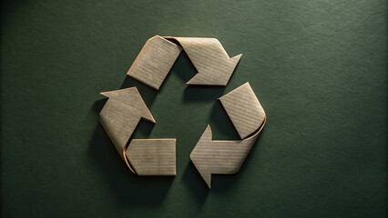 A crafted symbol of recycling made from kraft paper is displayed against a dark green background, highlighting the importance of sustainability and eco-friendly practices