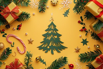 Christmas tree with gifts and candy canes framed on a gold background, in a paper cut style, flat lay, surrounded by festive decorations, Christmas postcard template