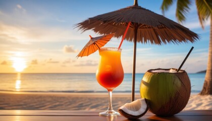 Tropical Cocktail Drink with Coconut and Palm Tree on the Beach at Sunset
