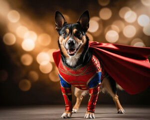 A heroic dog dons a superhero costume in a dramatic setting with glowing lights during an epic twilight rescue