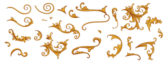 Set of golden decorative elements in Baroque style