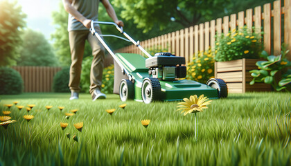 Fototapeta premium A lone daisy stands tall in a mowed lawn, symbolizing resilience.