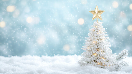 A small Christmas tree stands on a snow-covered surface against a soft, glowing bokeh snowy background. Generative AI.	