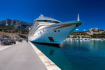Naklejka premium A cruise ship pulling into Cassis harbor, with passengers excitedly looking forward to exploring the quaint streets and local markets