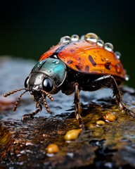 Naklejka premium Detailed close up insect frozen within suspended water droplet in macro photography