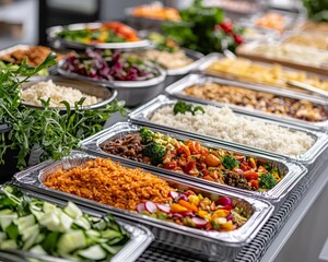 Obraz premium A Caterers Delight Closeup Perspective of Vibrant Salad Bar with Foil Trays Fresh Greens and Colorful Vegetables