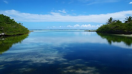 Obraz premium 19. A serene coastal lagoon with calm, clear water reflecting the sky and surrounded by tropical vegetation