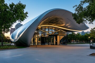 A curved metal awning over the entrance to a modern art museum, blending art and function in its...