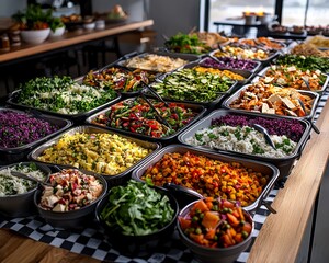 Obraz premium A HighAngle Perspective of a Buffet Table Overflowing with Colorful Salads in Black Serving Trays