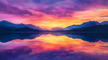 Obraz premium 20. A vibrant sunset over a serene lake with the sky is colors mirrored on the water is glassy surface and distant silhouettes of mountains