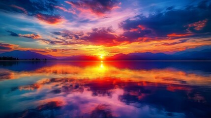 Obraz premium 20. A vibrant sunset over a serene lake with the sky is colors mirrored on the water is glassy surface and distant silhouettes of mountains
