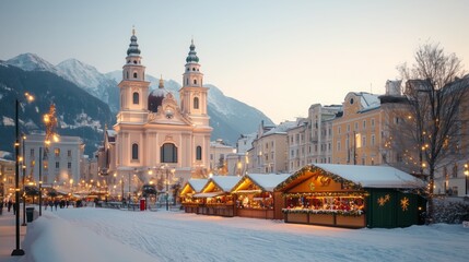 Obraz premium Festive stalls filled with decorations stand against a backdrop of a beautiful church and mountains