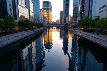 Fototapeta premium A futuristic view of Osakaâ€™s Nakanoshima District, where modern glass buildings rise above the river, reflecting both light and city life
