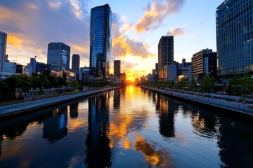 Obraz premium A futuristic view of Osakaâ€™s Nakanoshima District, where modern glass buildings rise above the river, reflecting both light and city life