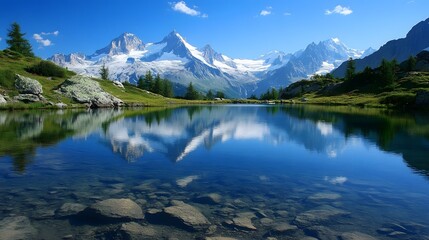 1. A serene mountain lake with crystal-clear water reflecting the surrounding snow-capped peaks