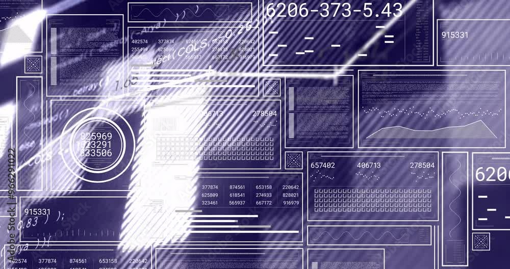 Poster animation of data processing and network of connections over screens