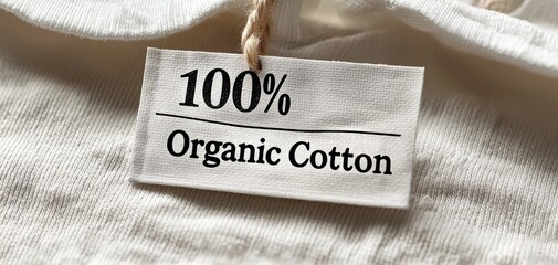 Closeup of a 100 Organic Cotton Tag on White Fabric Soft Focus and Texture