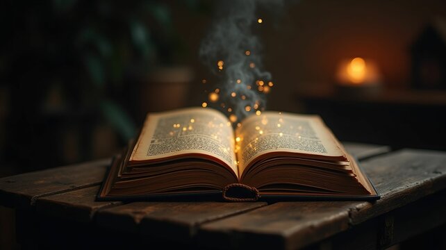 Old book on wooden table, sparks. Magic