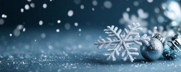 Delicate snowflakes fall gently, adding a festive touch to shiny ornaments on a winter day