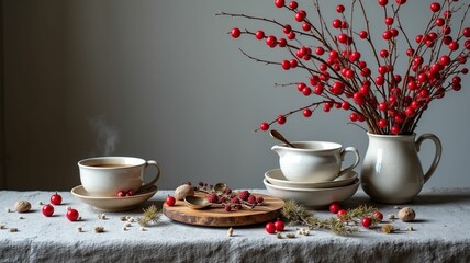 Obraz premium Still life, red viburnum, clay pottery on the table, against a white background.