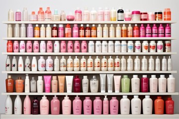 Fototapeta premium Diverse range of hair care products displayed on a white background for beauty enthusiasts
