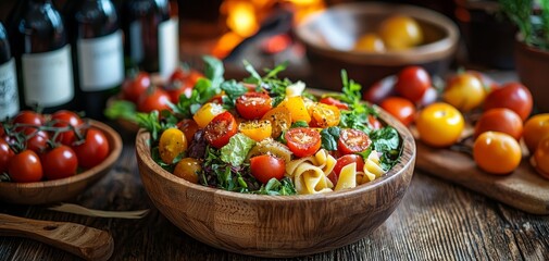 Rustic Tabletop Vibrant Salad with Cherry Tomatoes Yellow Grapes and Pasta in Wooden Bowl Blurred Wine Bottles and Warm Backdrop