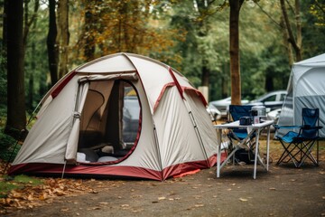 Fully equipped outdoor campsite featuring a tent and caravan in a scenic natural setting
