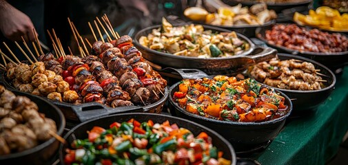 Obraz premium CloseUp View of a Street Food Stall with Skewers Roasted Vegetables and Other Dishes in Cast Iron Pans on a Green Tablecloth