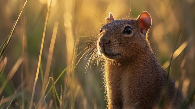 A striking close-up portrait of a brown agouti standing in a field of tall golden grass. The animal's alert expression and soft fur create a sense of wonder and curiosity