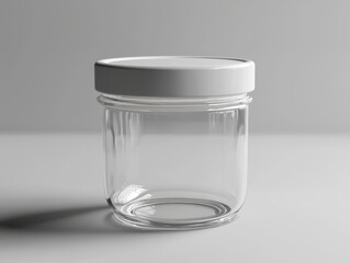 Empty Glass Jar with White Lid Minimalist Composition Front View Shadow Detail Blank Canvas Concept